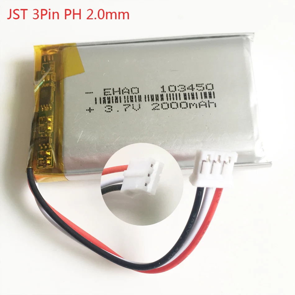 103450 с JST PH 2 0 мм 3pin plug 3 7 V 2000mAh литий полимерный перезаряжаемый аккумулятор для GPS