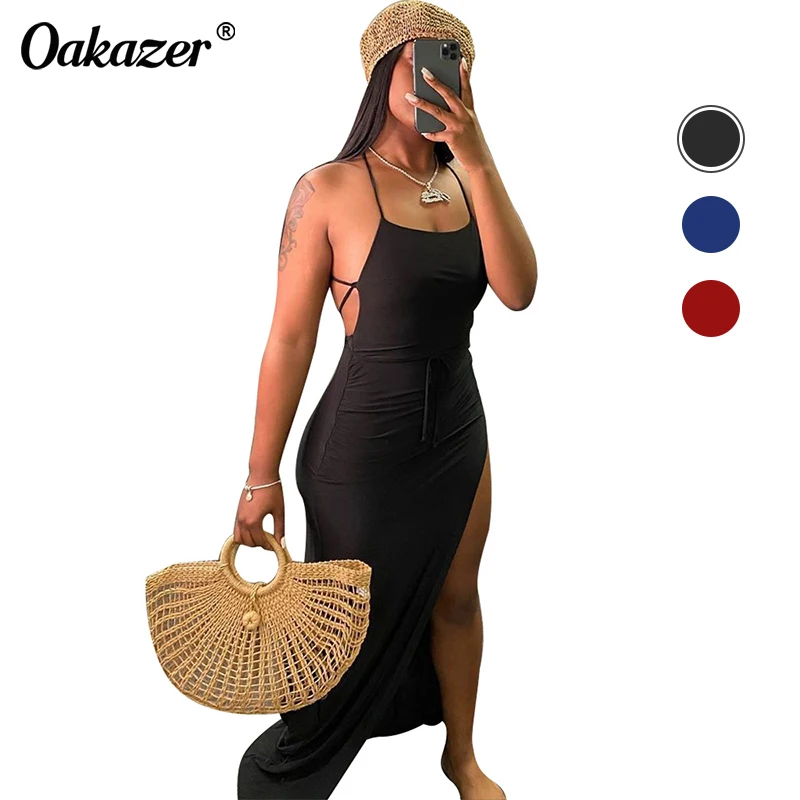 

Oakazer Women Black Assymetric Backless High Split Maxi Dresses Sexy Club Outfits for Women Vacation Beach Female Clothing 2021