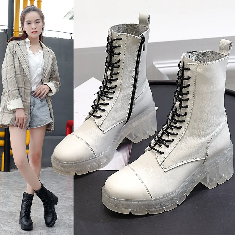 

Autumn Women Ankle Boots Transparent White Soft Leather Motorcycle Boots Female Autumn Summer Ladies Military Shoes Botas Mujer