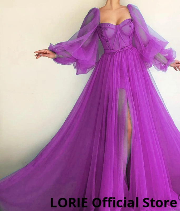 Fuchsia Лори Длинные Пышные синие платья с рукавами для выпускного вечера, тюлевые вечерние платья с открытой спиной и шнуровкой, вечернее платье, платье для вечеринки, платье размера плюс - Color: Fuchsia