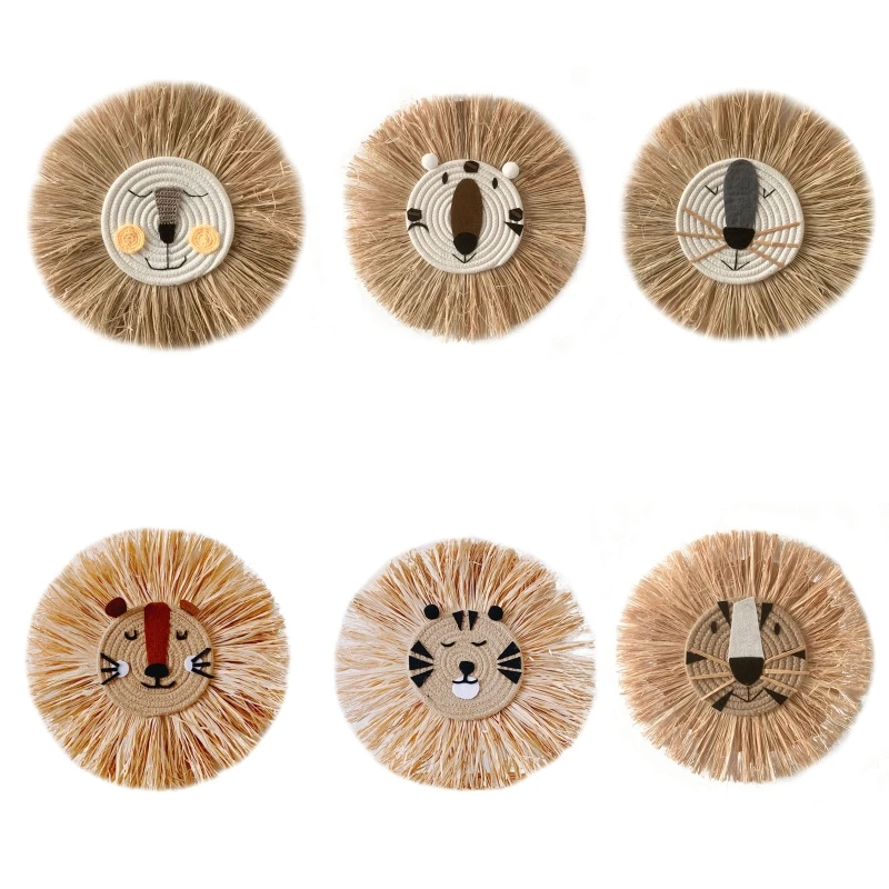 

2023 New Nordic Hand Woven Cartoon Animal Hanging Wall Pendant Cotton Thread Weaving Lion for Head Ornaments Children Room Decor