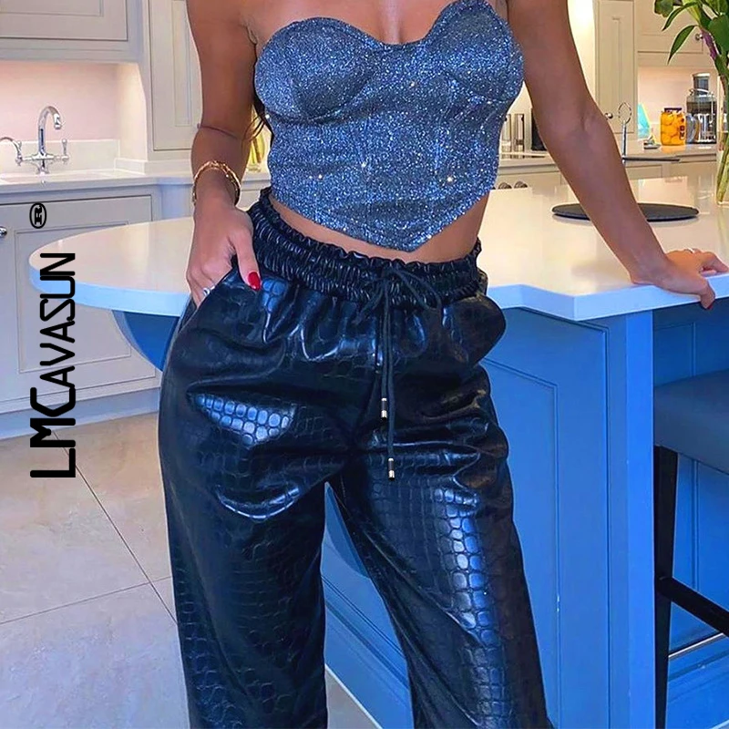 LMCAVASUN шаровары брюки для женщин искусственная кожа свободные Jogger Mujer черный высокая уличная эластичная талия повседневные армейские уличная одежда