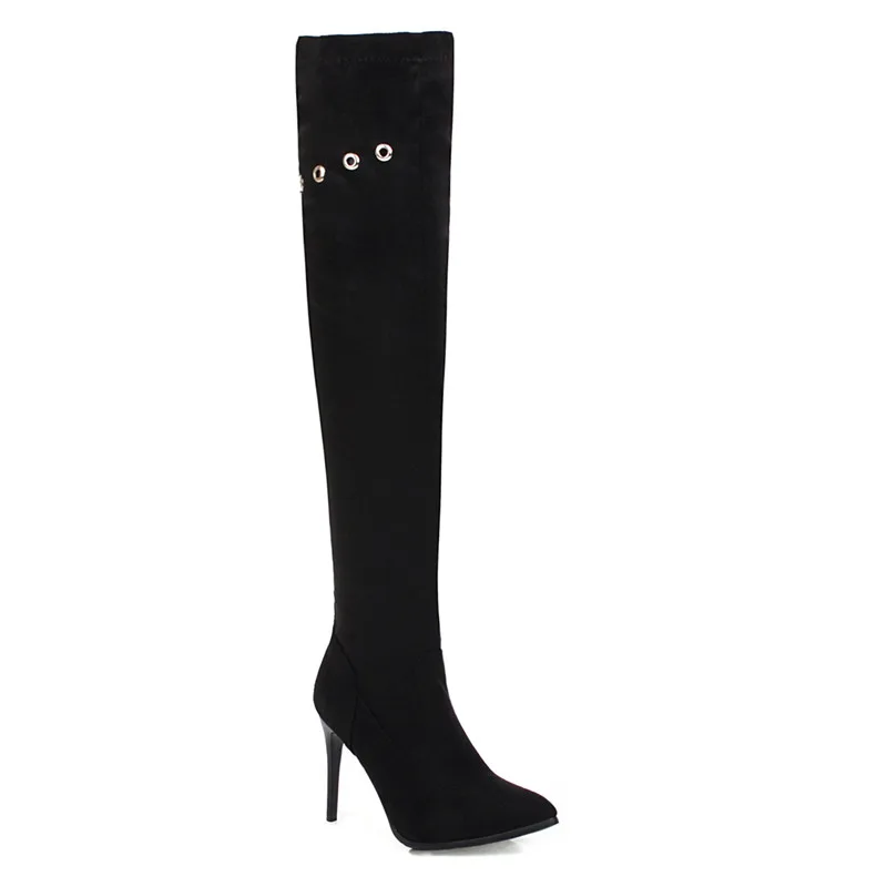 Женские сапоги из флока MORAZORA черные вечерние поги выше колена на тонком высоком