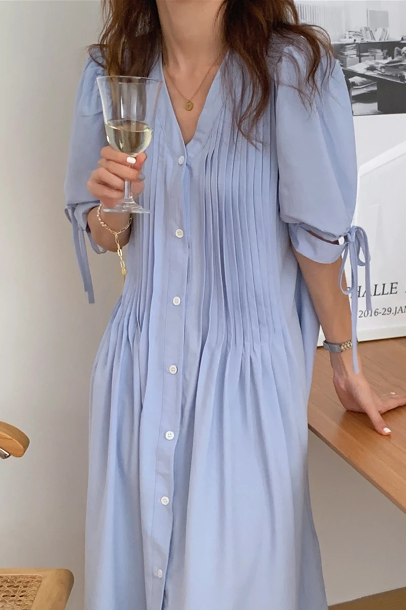 

Women Blue Long Shirt Dress New V Neck Short Sleeve Loose Fashion Spring Summer 2021 Women's French Pleated Dresses Loose XC799