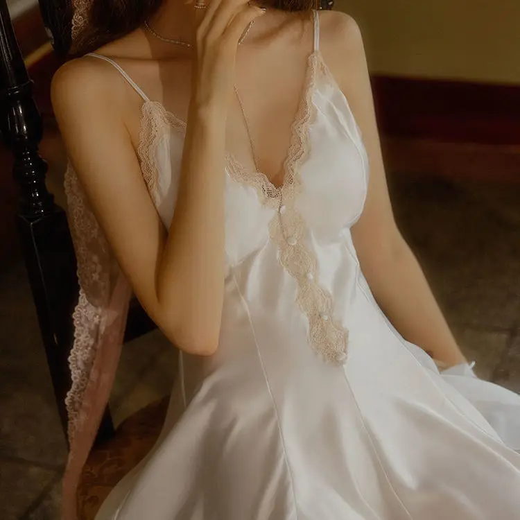 

Sleeveless Nightgown Lace Solid Black Summer V-neck White Pajamas Roupa De Dormir Sexy Feminina Batas De Dormir Para Mujer