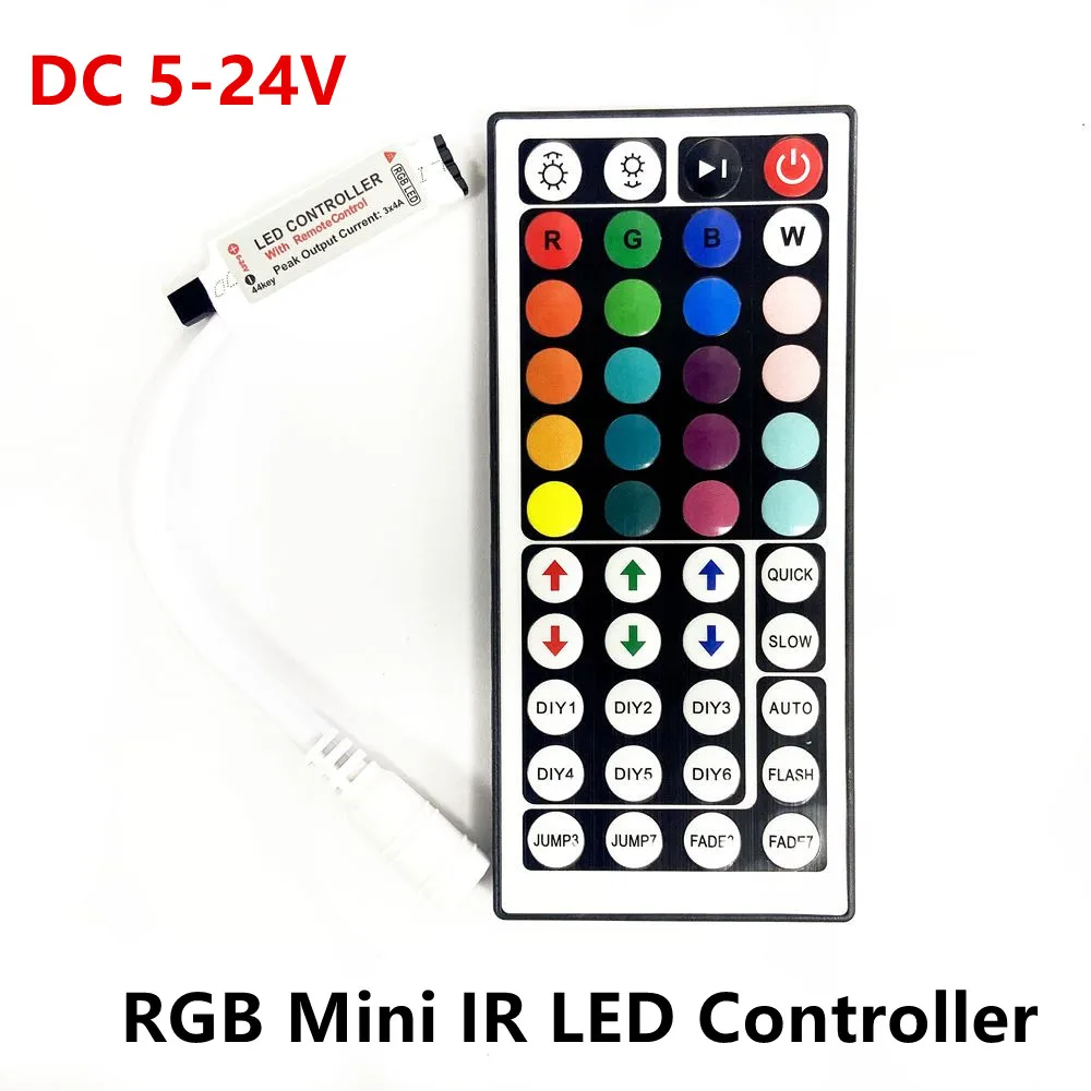 

DC 5V 12V 24V 44Key RGB Mini IR Remote LED Controller 12A 72W Driver Dimmer For SMD 2835 3528 5050 5730 5630 3014 RGB LED Strip
