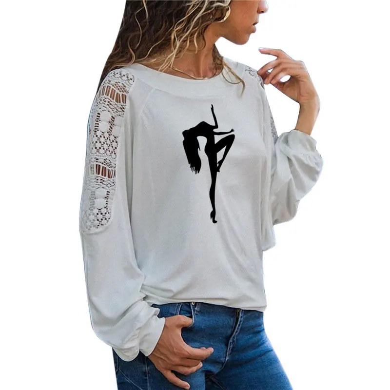 

Футболка женская с длинным рукавом и принтом, пикантный топ с забавным принтом для танцев, Повседневная Свободная кружевная рубашка, больши...