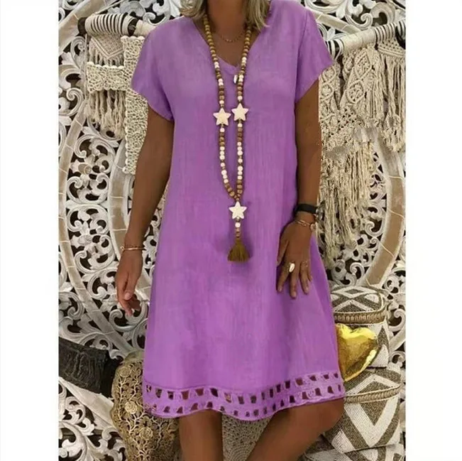 Женское летнее пляжное хлопковое льняное платье повседневное однотонное с