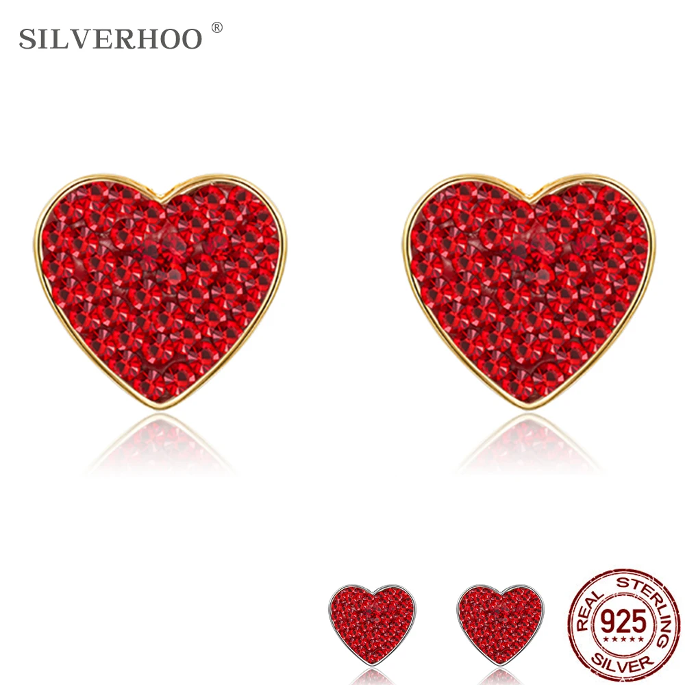

SILVERHOO Little Red Heart-Shape Stud Earrings For Women 925 Sterling Silver Luxury Austria Crystal Earrings Girl Birthday Gift