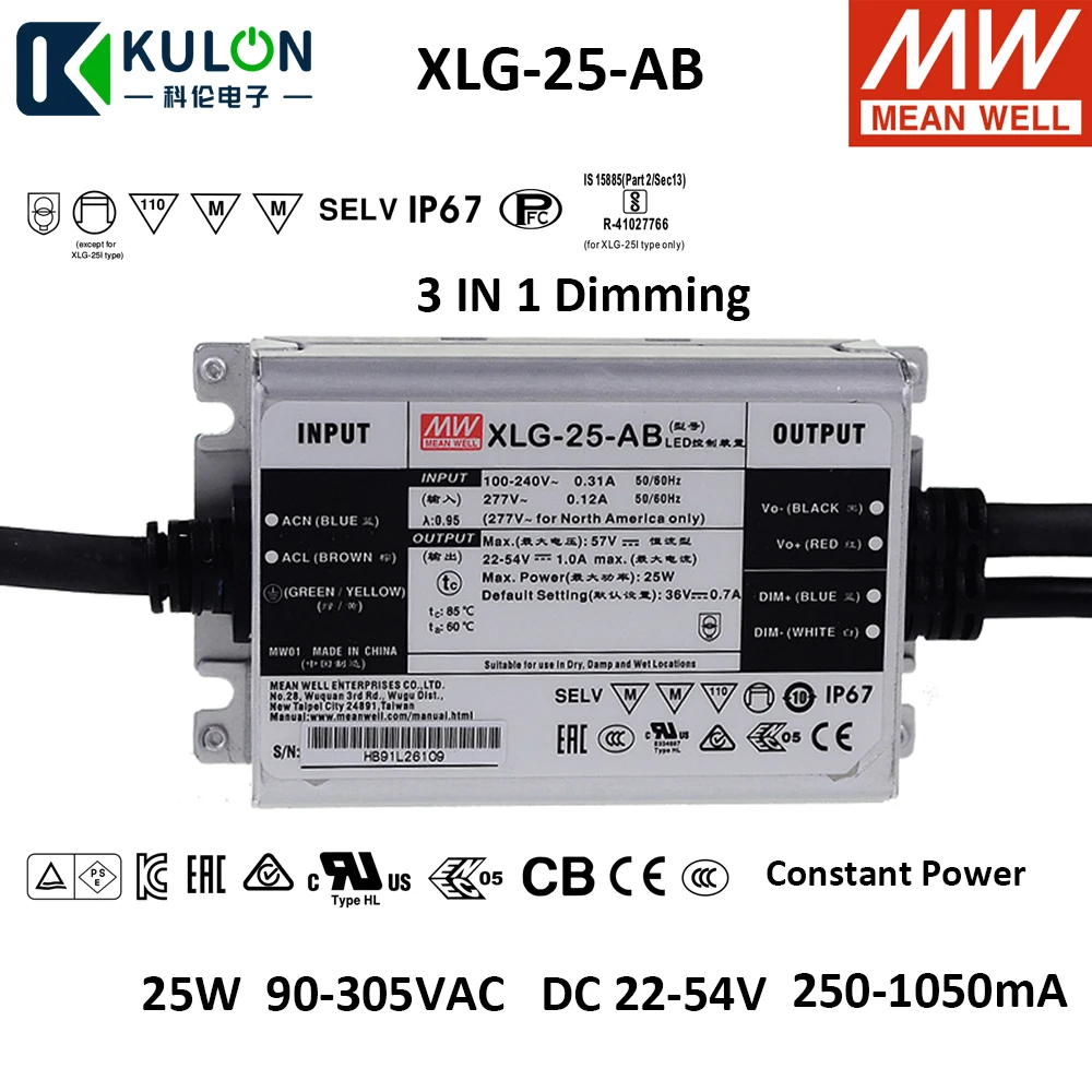 

Светодиодный драйвер с постоянной мощностью MEANWELL, Регулируемый источник питания с регулировкой яркости 3 в 1, 25 Вт, 90-В переменного тока в постоянный ток 22-54 в, 250-50 мА, IP67 PFC