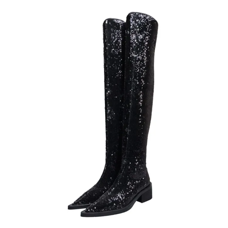 Bota feminina; сезон осень-зима; женские черные сапоги до бедра из блестящей кожи высотой 60 см; Сапоги выше колена; обувь в байкерском стиле - Цвет: as picture