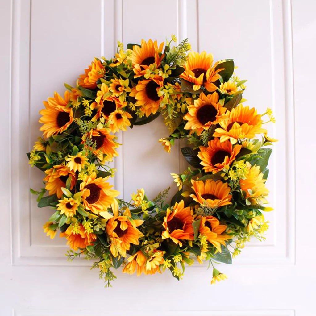 Искусственный венок 16 &quotжелтый подсолнух с зеленым листом для праздника