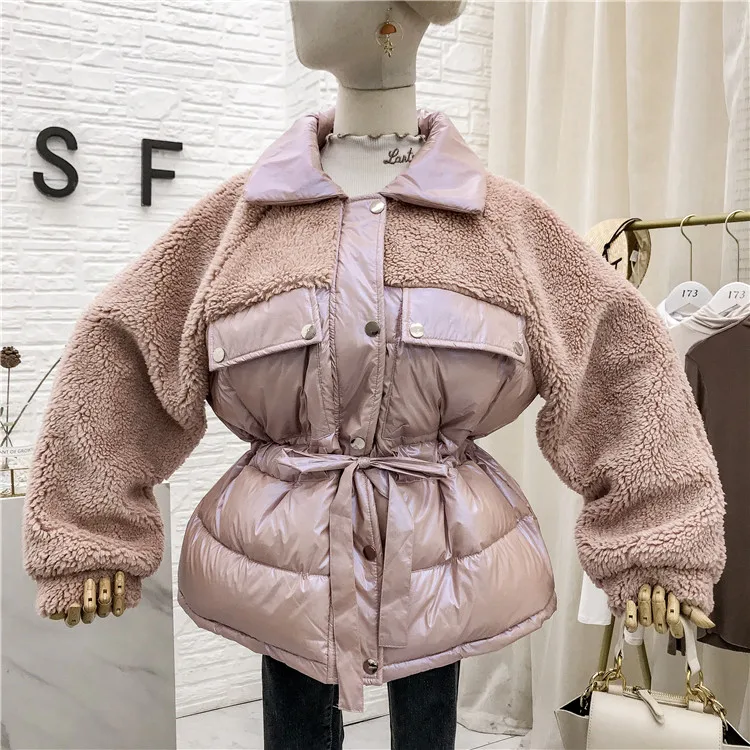 Mooirue Winter Casual Parkas Sherpa Fleece Patchwork Drawstring Lace Up Vintage Coats Harajuku Jackets Female white Coats