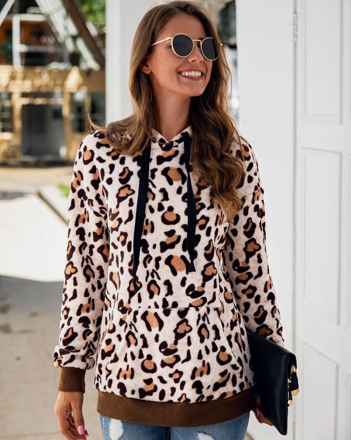 Leopard Faux Fur Hoodies Women Pockets Warm Autumn Winter Sweatshirt sexy hooded Pullover pocket jacket with hat | Женская одежда