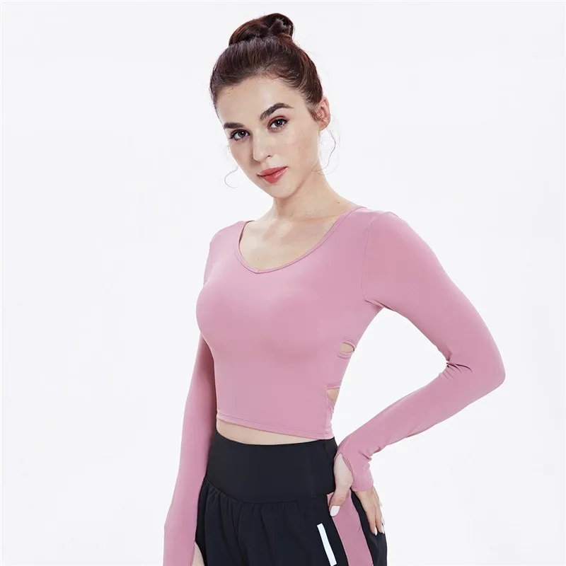 High Quality Women Sexy Backless Slim Sports Tee Crop Top Yoga Shirts Gym Fitness Long Sleeve Workout Female Workout T-Shirts