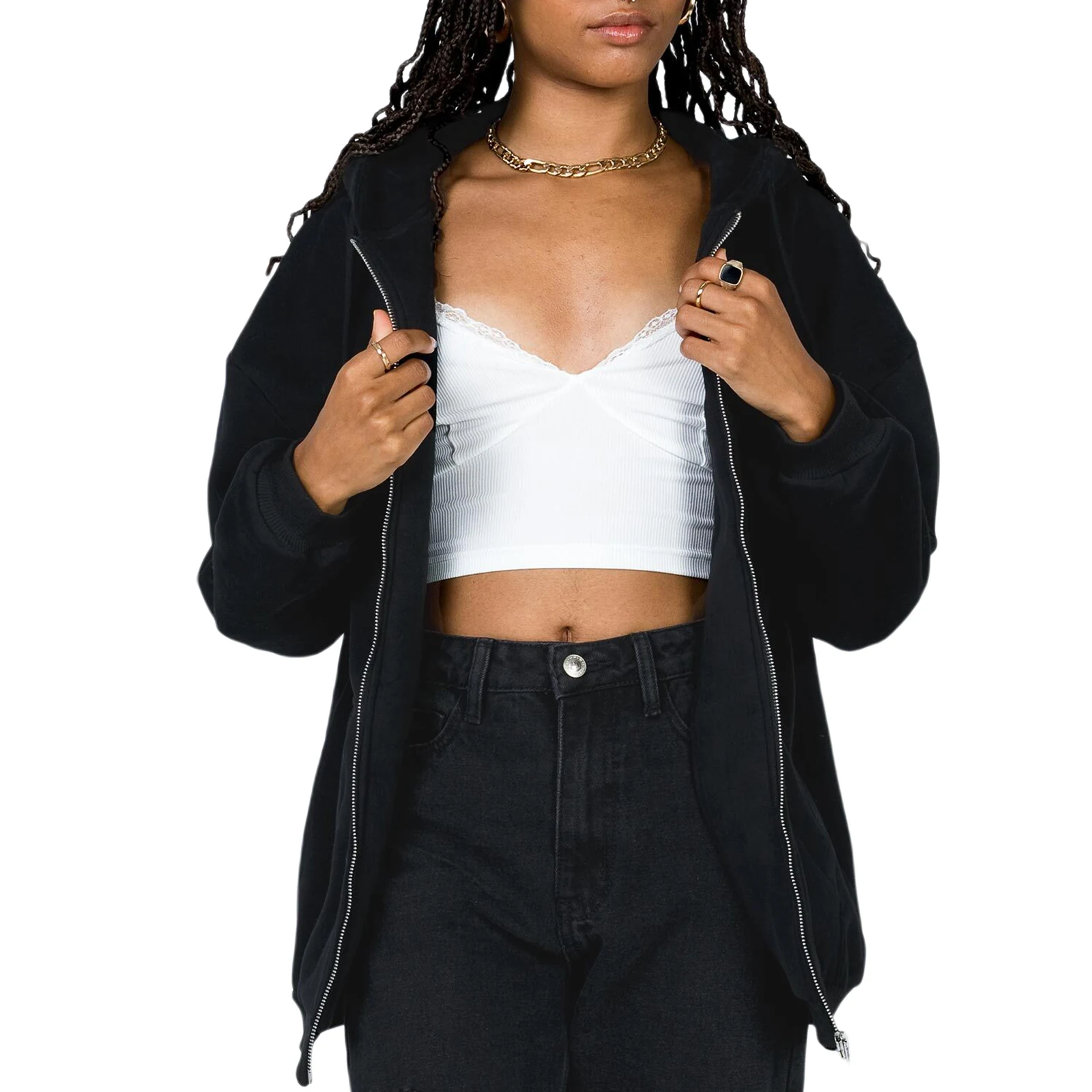 

Women Loose Style Coat, Solid Color Zipper Open Front Hooded Jacket with Pockets, Black/ Brown/ Grey