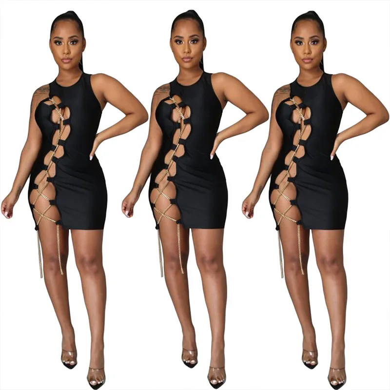 

ZKYZWX Sexy Plus Size Chain Mini Dress Birthday Outfits for Women Summer Vacation Clothes Bandage Bodycon Night Clubwear Dresses