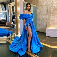 verngo 2021 sexy off the shoulder blue long evening dress satin sleeves elegant prom gowns side slit women formal party dress