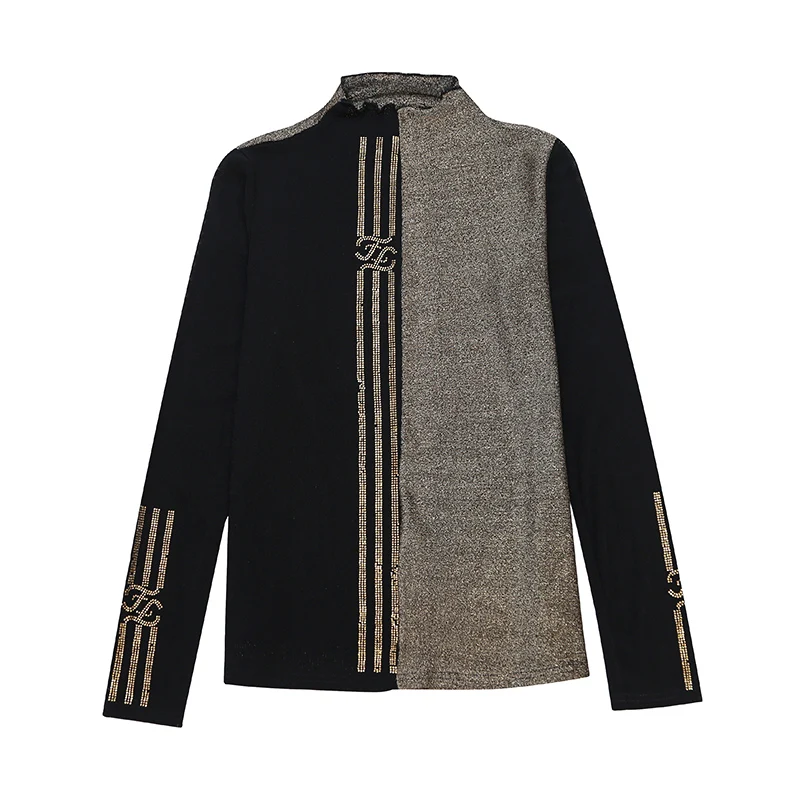 Модная Блестящая футболка со стразами Женская водолазка с длинным рукавом