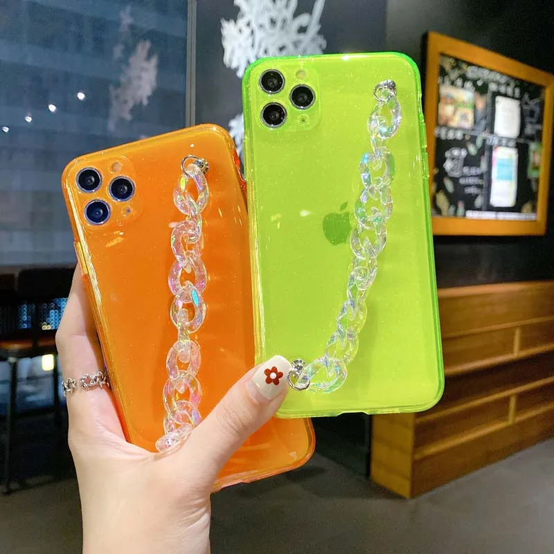 

Soft Glitter Fluorescent Chain wrist Strap Case For iphone 11 12 Pro Max XS X XR 7 8 Plus mini SE 2020 Bracelet Shockproof Cover