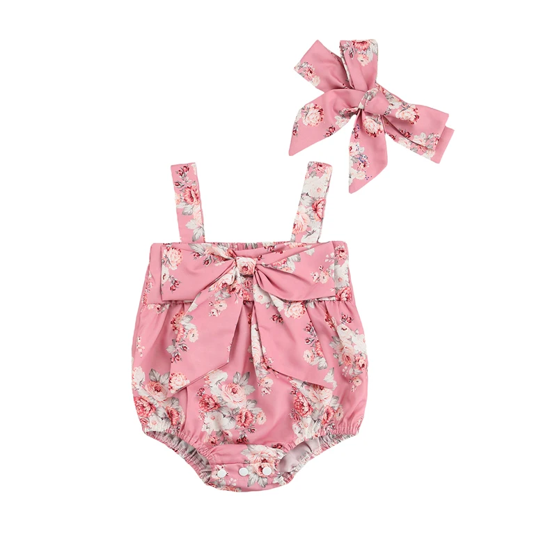 

Модный летний комбинезон Pudcoco для маленьких девочек с цветочным принтом, без рукавов, с бантом, комбинезон, трико + головной убор, 2 шт.