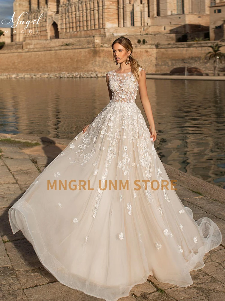 

MNGRL Luxury Retro O-neck Sleeveless Wedding Gown White Lace 3D Flower Bridal Dresses Fluffy Skirt Plus Size Tail