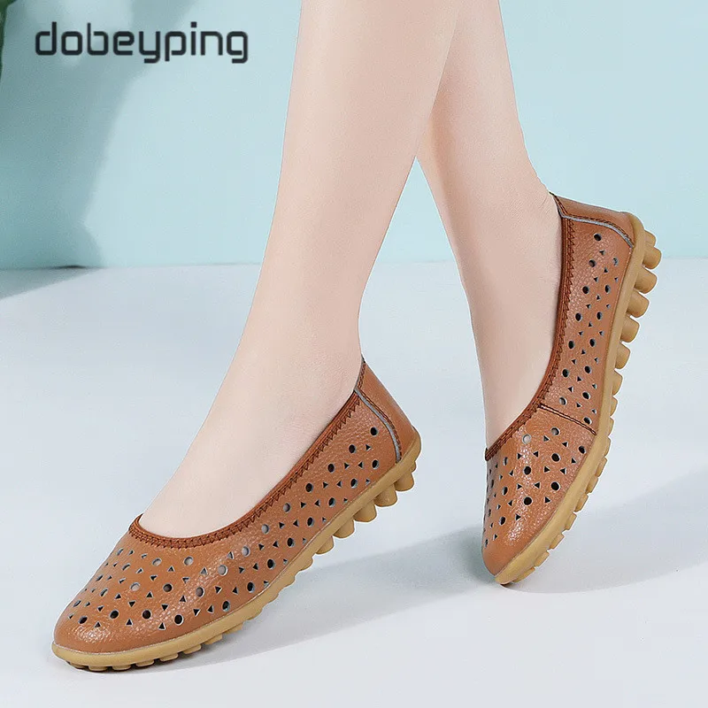 dobeyping Breathable Women Summer Flats Genuine Leather Woman Shoes Slip On Cut Outs Women's Loafers Mother Walking Peas Shoe