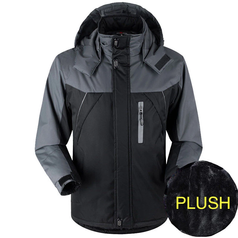 Men's Waterproof Windproof Jacket Winter Outdoor Plush Warm Hoodie Cotton Coat Mountain Skiing Hiking Windbreaker