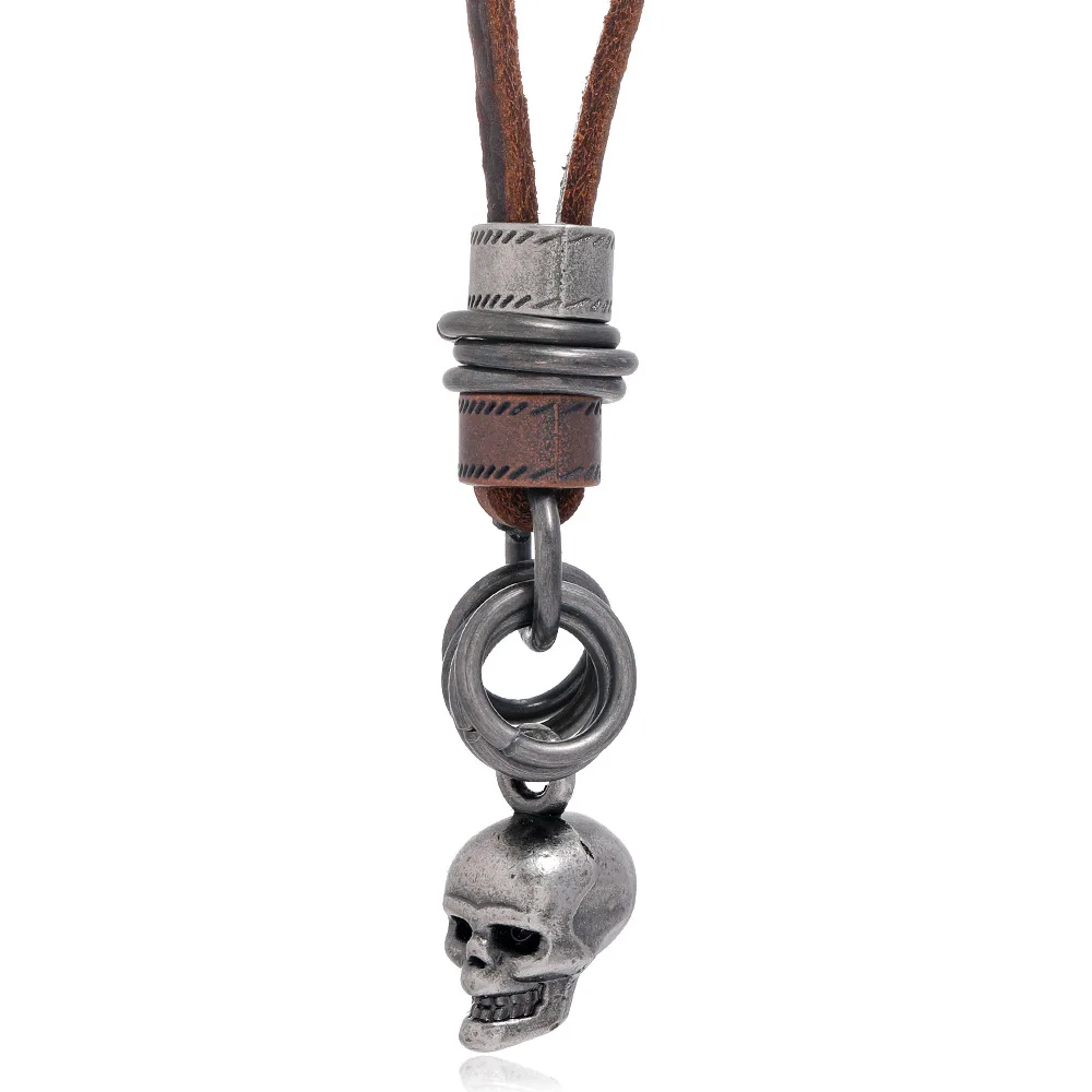 

Men Leather Necklace Skull Pendant Retro Long Brown Rope Chain Adjustable Circle Alloy Jewelry Handmade Genuine Leather Necklace