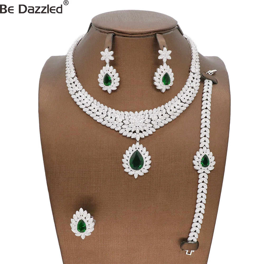 

High Quality Nigerian Luxury Green Stone Crystal Big Jewelry Set Dubai Cubic Zircon Necklace Earrings Bridal Jewelry Accessories