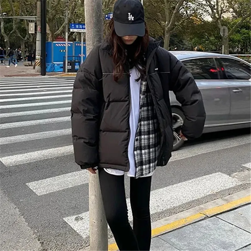Parker Cotton Clothes Women's Winter New Stand-up Collar Stitching Long-sleeved Zipper Simple Loose Commuter Jacket Bread Tops
