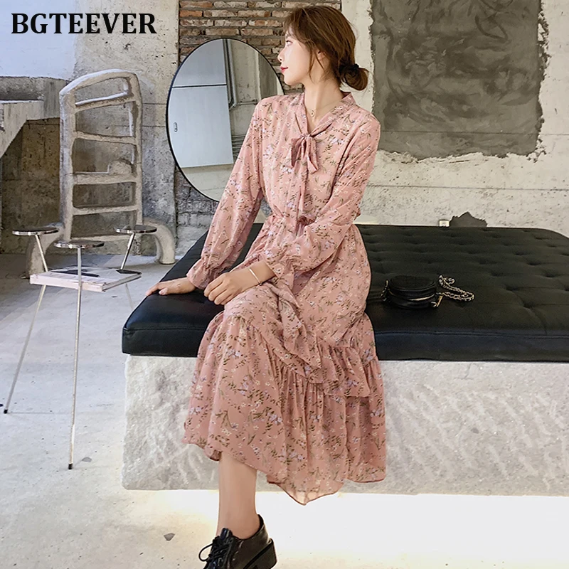 BGTEEVER женское шифоновое платье с цветочным принтом кружевное воротником