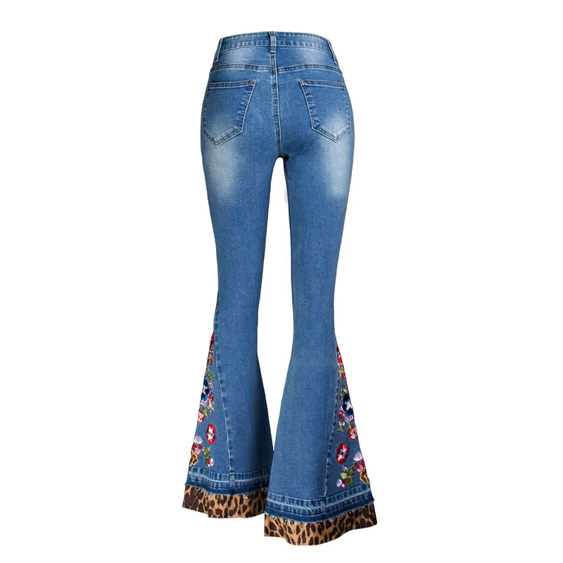 

New cross border ladies denim flares embroidery stitching leopard cowboy female in the autumn of wide leg pants