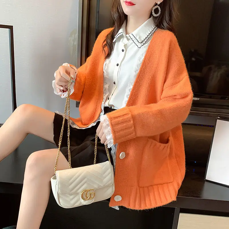 

2021 New Spring Winter Cardigan Women Solid Loose Sweaters Female New V Neck Cardigan Female Jacket Knitted Cardigan Coat H52