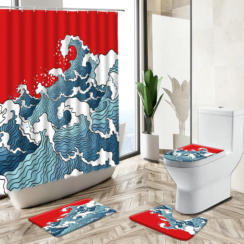 Online Tenda Da Doccia In Stile Giapponese Cartoon Blue Ocean Wave Design Home Antiscivolo Piedistallo Tappeto Copriwater Camera Da Letto Bagno Deco Set