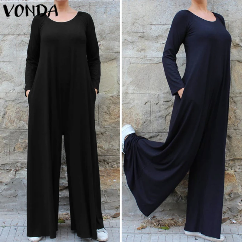 Осень, VONDA, женские комбинезоны, элегантные комбинезоны, женские комбинезоны, винтажные повседневные свободные широкие штаны, Длинные Комбинезоны, 5XL Pantalon
