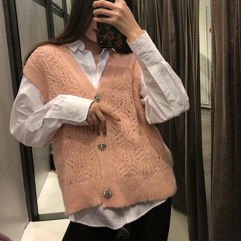 

2021 new Autumn And Winter Loose Women Jewelry decoration knitting vest sweater V-Neck knitted sweater pullover Casual