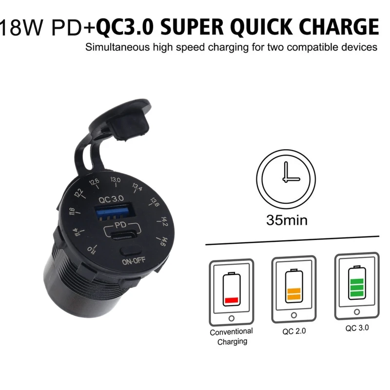 Водонепроницаемое быстрое зарядное устройство 12 В QC3.0 USB 18 Вт Тип C PD
