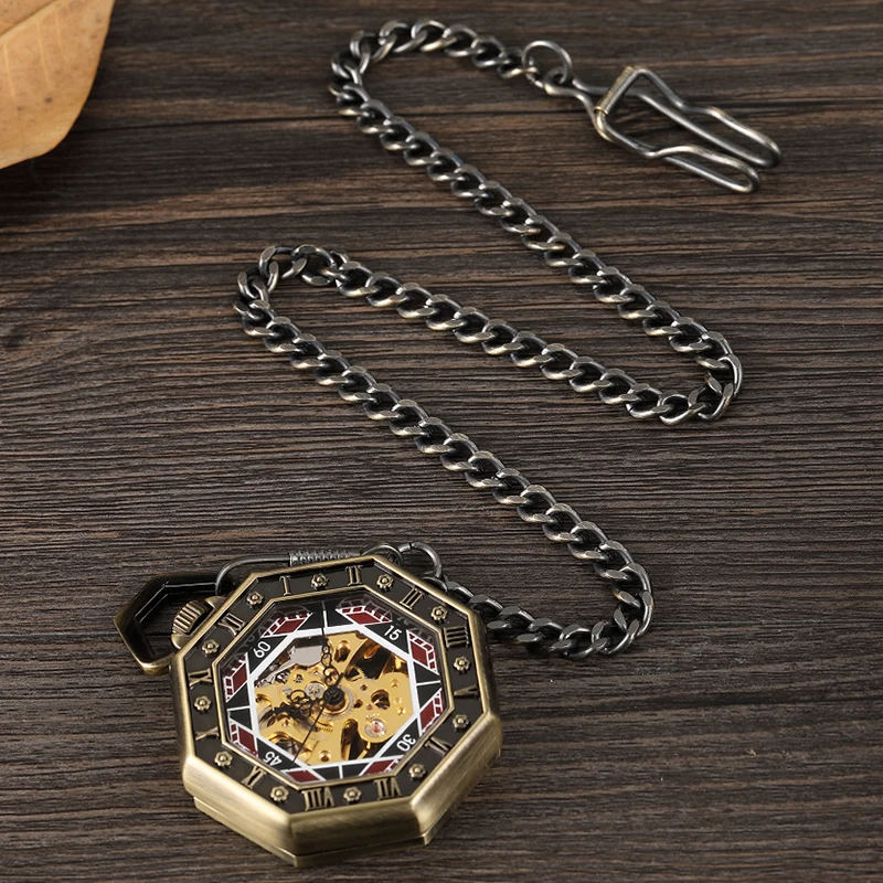 Luxury Collection Mechanical Pocket Watch Antique Bronze Fob Chain Hollow Case Hanging Clock with Gift Box for Men Dropshipping