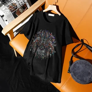 Уличный отдых Одежда для влюбленных унисекс с рисунком льва Футболки с короткими рукавами с горячими бриллиантами Новинка лета 2021 г. Свободные женские топы, пуловеры