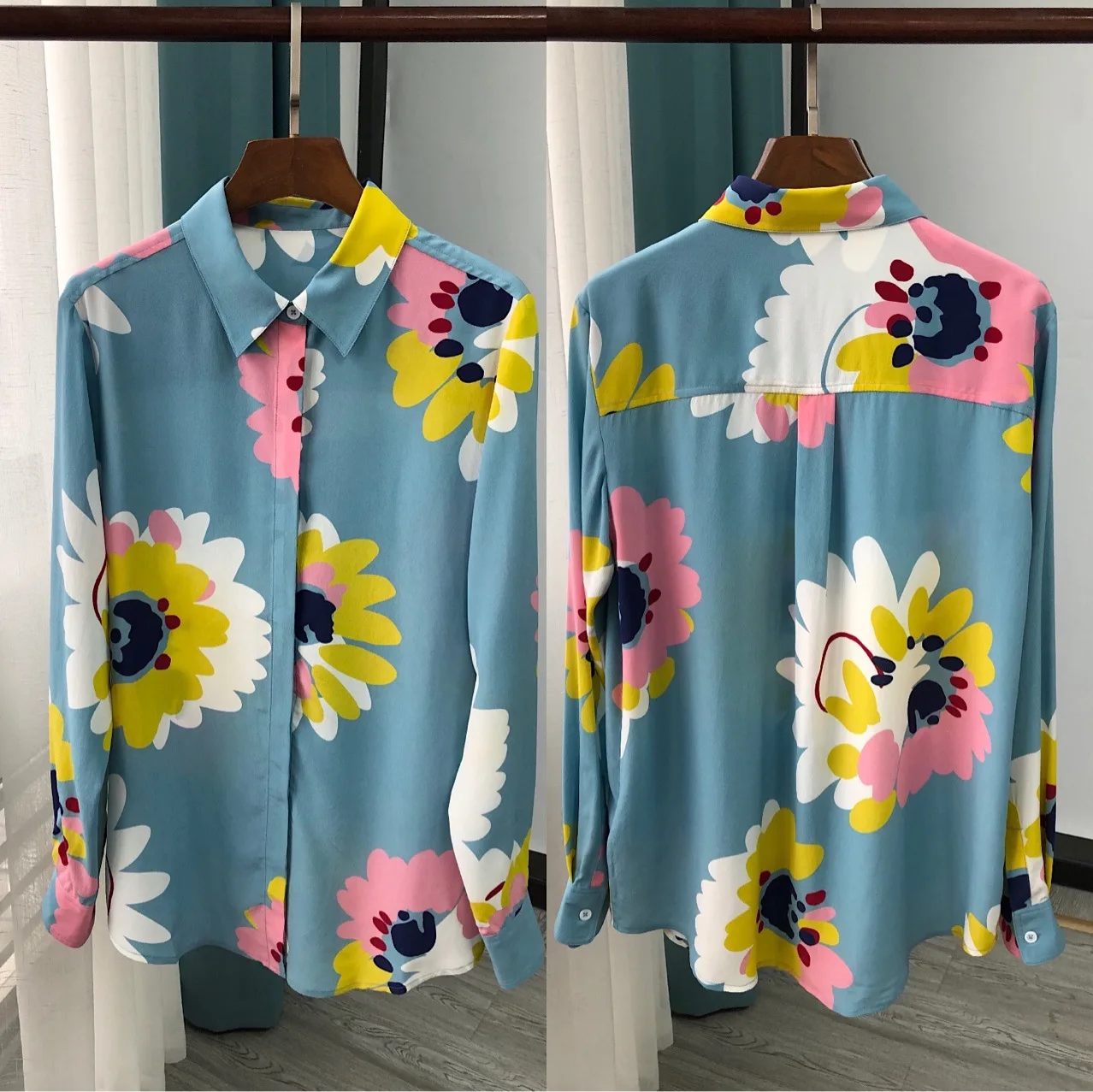 Женская рубашка 2020 Ранняя весна новая синяя шелковая с длинным рукавом | одежда