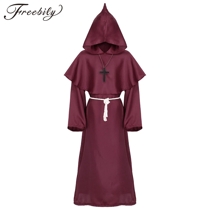 

Men Women Medieval Vintage Halloween Witch Robes Friar Priest Party Cosplay Costumes Monk Christian Hooded Cloak Cape Dress Gown