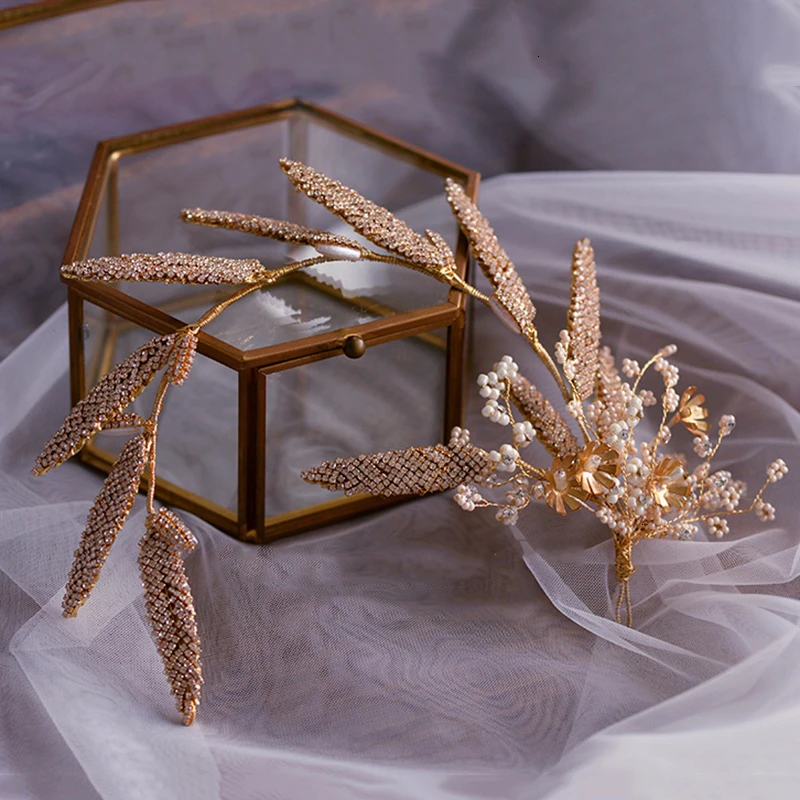 

Golden color Leaf Crown Rhinestone Diadema Tiara Wedding Headband Women Hair Jewelry Pearl Beads Hair Ornament