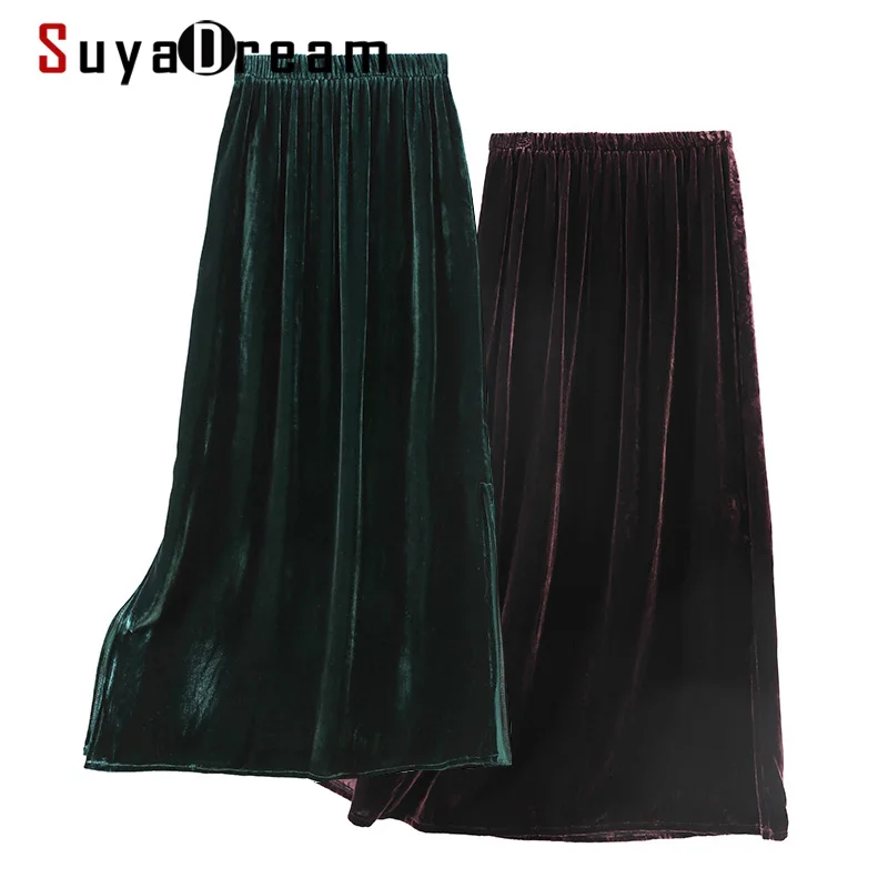 

Длинная женская юбка SuyaDream, шелковая бархатная юбка с эластичным поясом, шикарная сплошная шикарная юбка с боковыми разрезами, весна 2021