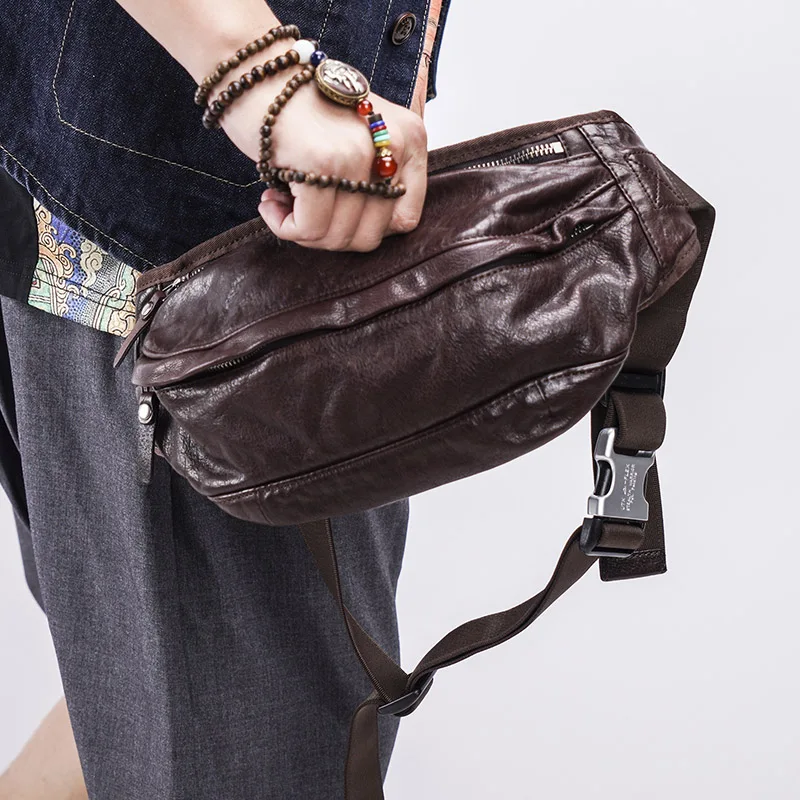 Retro leather belt bag, men's multi-function shoulder bag, casual large-capacity chest bag, trendy messenger bag