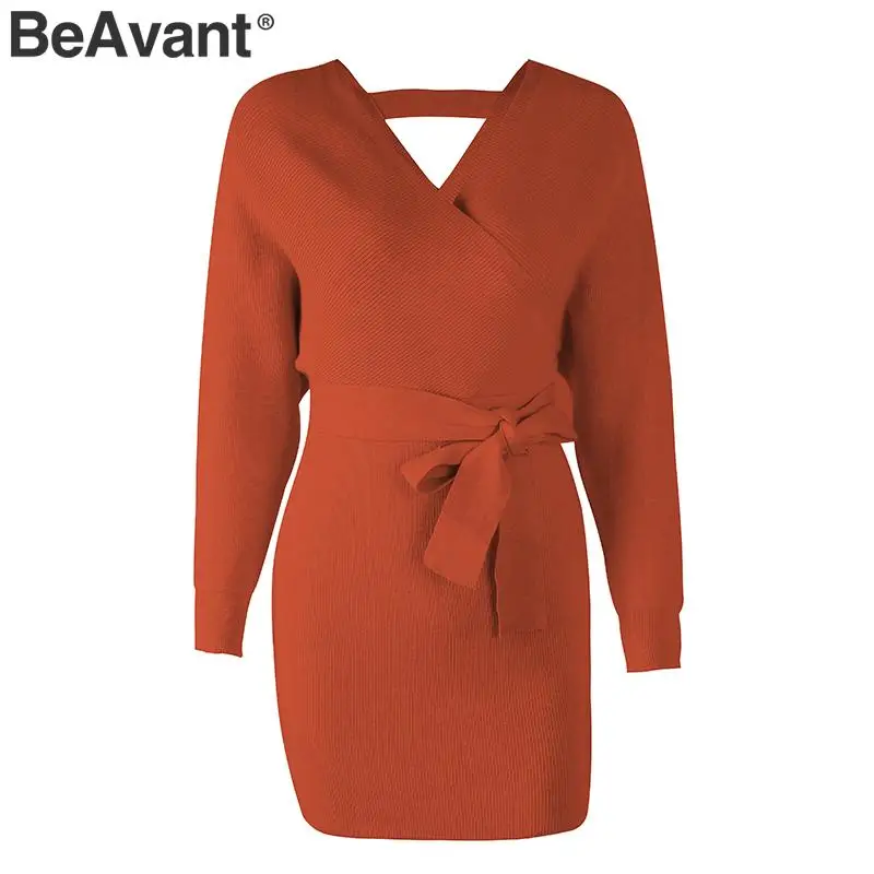 BeAvant, сексуальное женское платье-свитер с v-образным вырезом, платье с высокой талией и поясом, вязаное платье, элегантное женское осеннее зимнее винтажное короткое платье - Цвет: Оранжевый