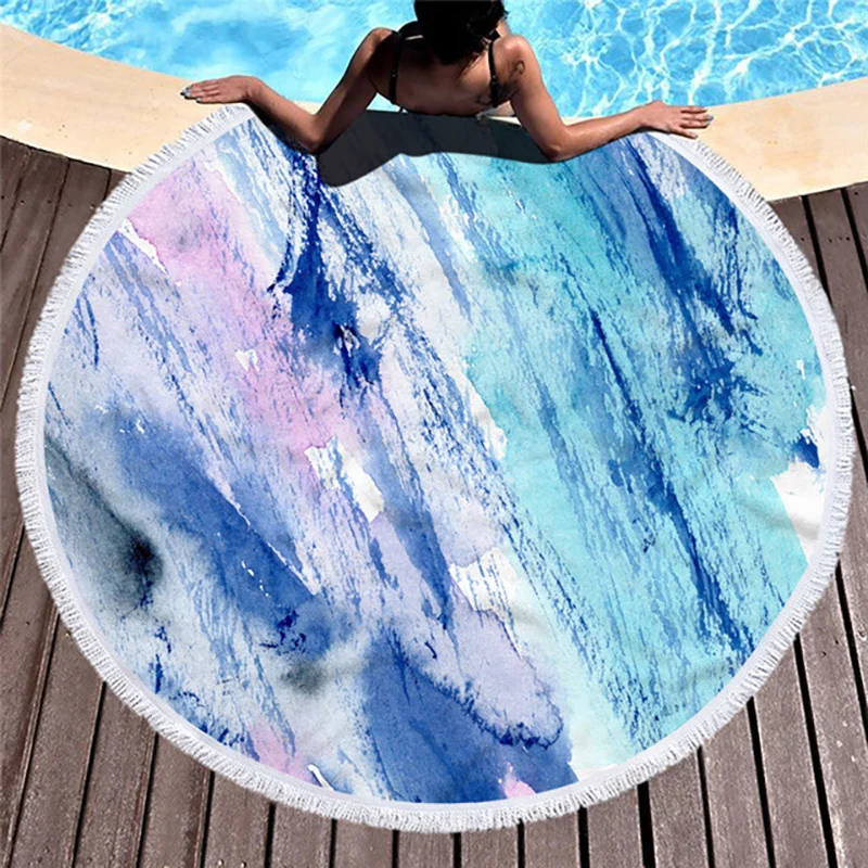 

150cm Marble Round Beach Towel Abstract Quicksand Pattern Microfiber Shower Bath Towel Yoga Mat Beach Mat Blanket With Tassels