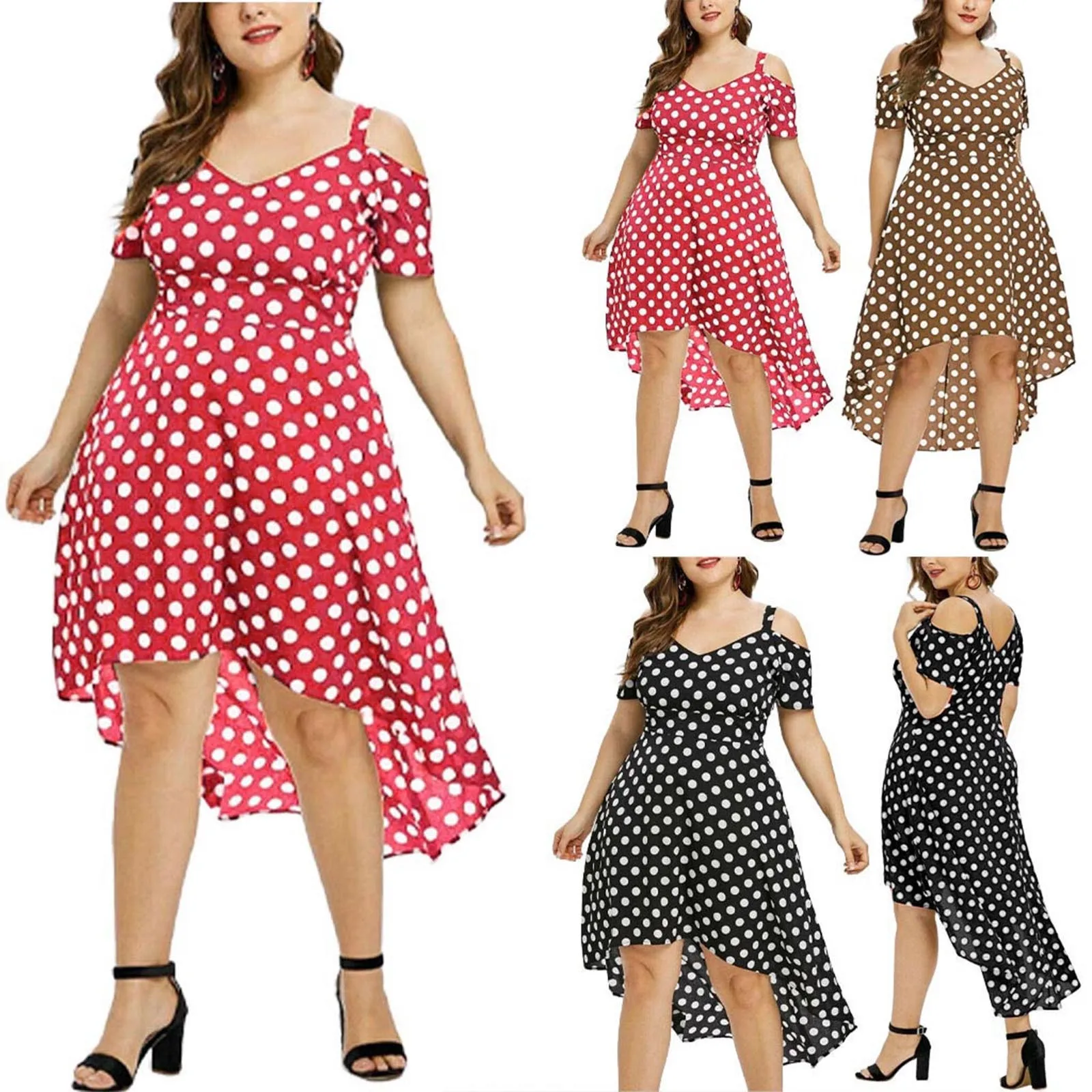 

Fashion Women's summer sundress Plus Size V-Neck Polka Dot Caims Cold Shoulder Short Sleeve Dress сарафан женский летний