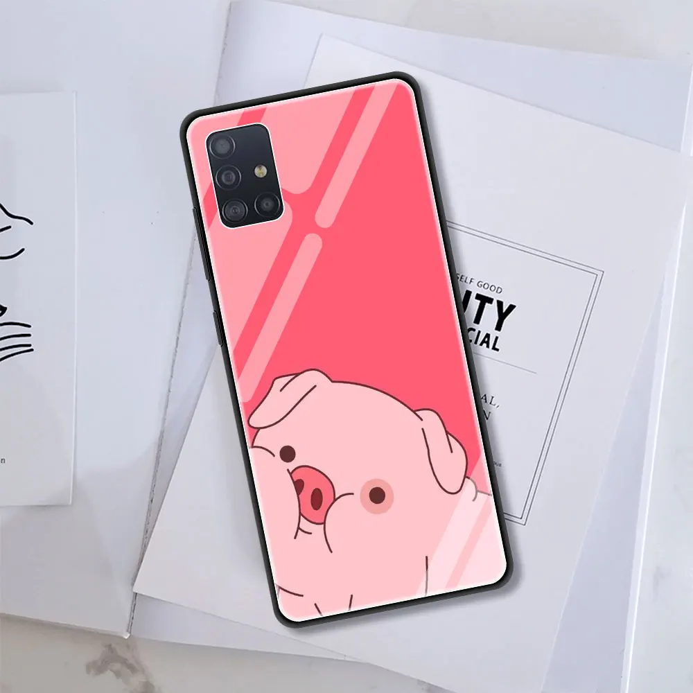 

Cartoon Pig Tempered Glass Cover for Samsung Galaxy A21S A50 A51 A70 A71 A10 A41 M31 M51 Luxury Soft Edge Case Shell