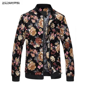 Мужская куртка-бомбер из хлопка, с цветочным принтом, с подкладкой и воротником-стойкой, весна-осень, 2020